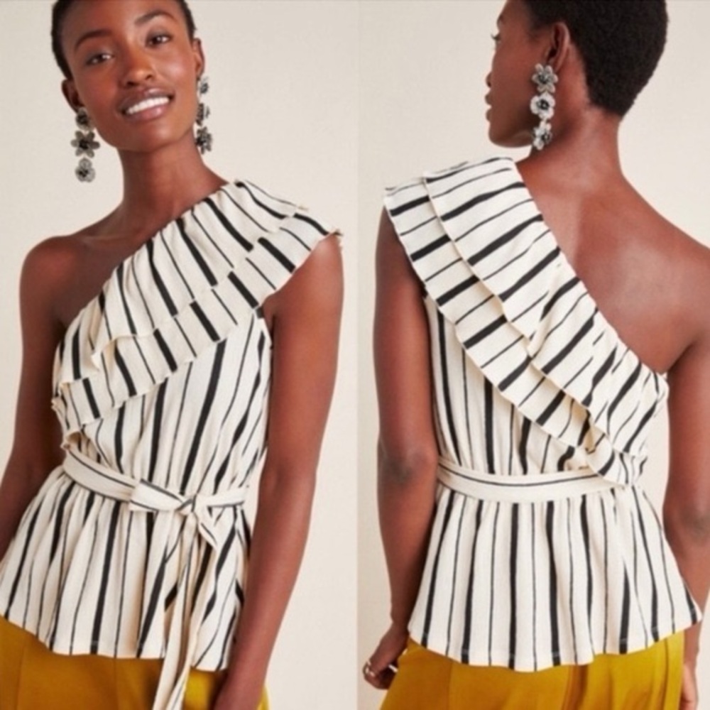 Anthropologie Maeve Chic One-Shoulder striped Ruffle Top with Belt